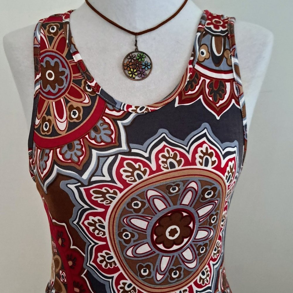 Geometric Print Dress Size MED Sleeveless Tank Midi  Stretchy Shift Longyuan NWT